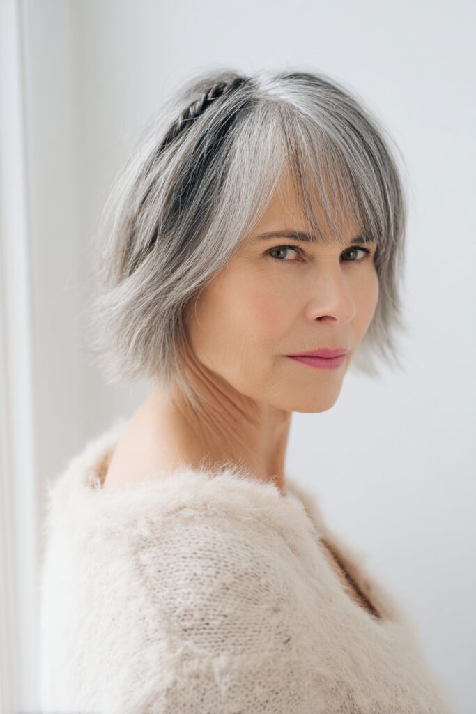 Studio portrait of mature woman wearing feathered bob with wispy layers and braided details against minimalist backdrop.