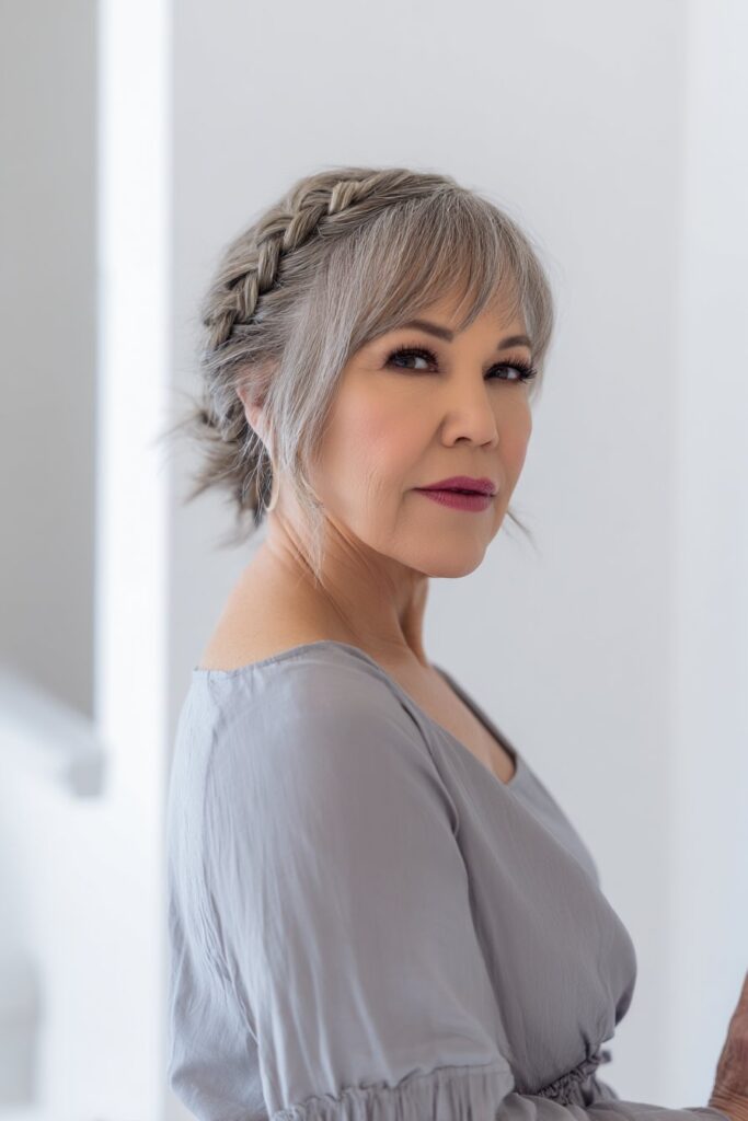 Portrait of American woman over 50 with shoulder-length feathered bob hairstyle featuring braided accents, professional studio lighting, minimal background.
