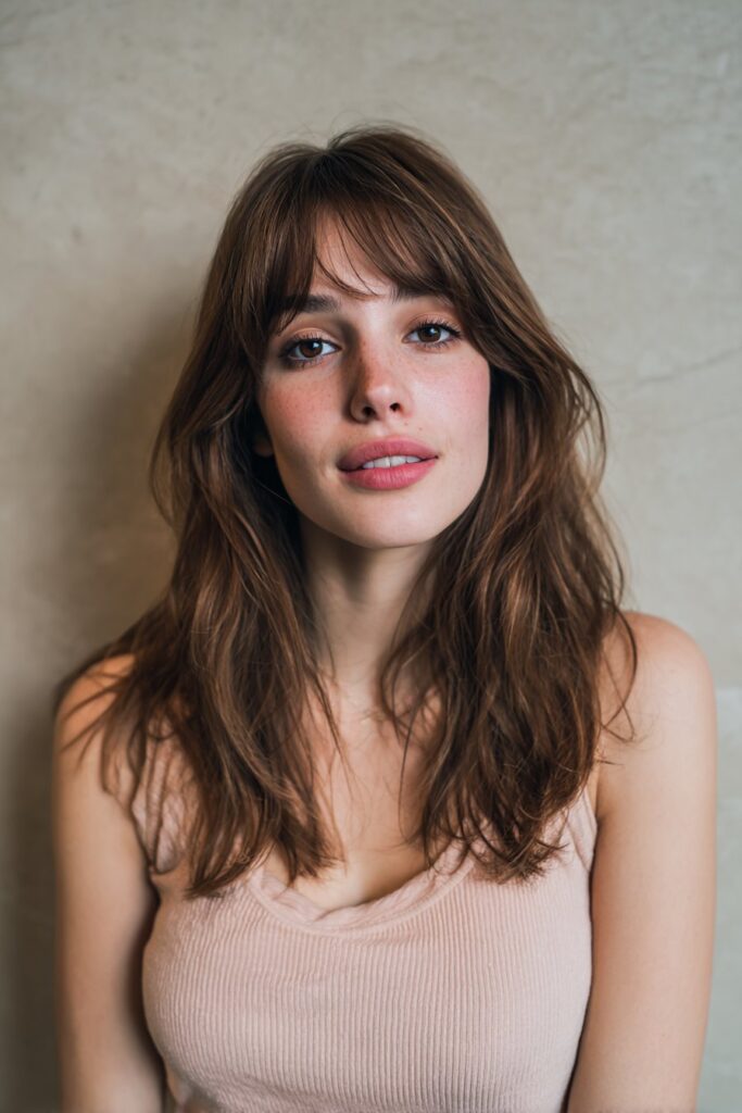 American female model with long feathered layered hair, wispy bangs, minimalist outfit, soft makeup, warm lighting, textured plaster backdrop.