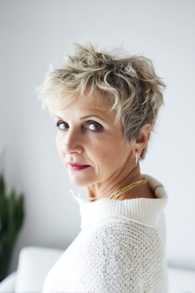 "Professional studio portrait of confident 50+ woman with feathered pixie shag hairstyle against clean white background."