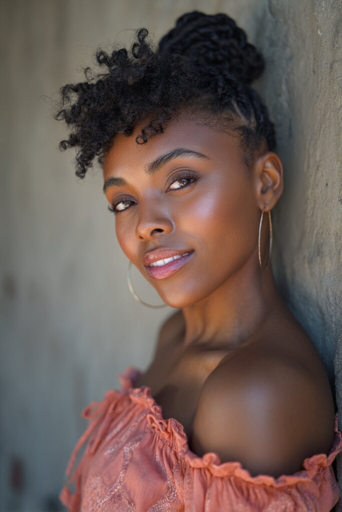 Woman with elegant flat twist updo hairstyle against textured plaster backdrop, subtle makeup and natural styling.