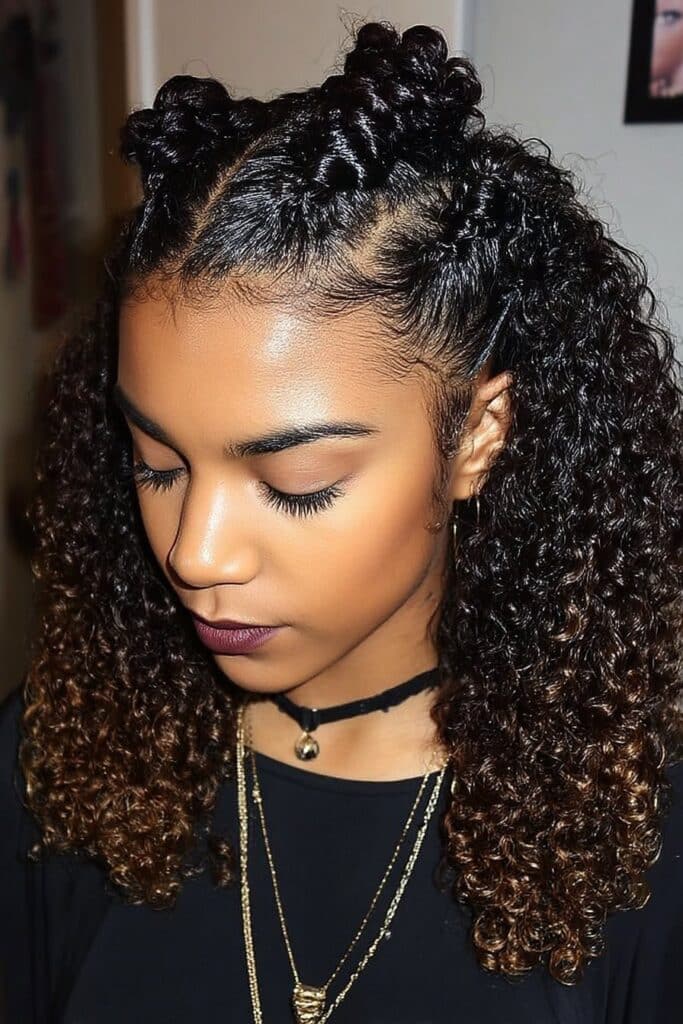 Hair twisted flat against scalp in sections, ending with loose natural curls creating textured, dimensional finish.
