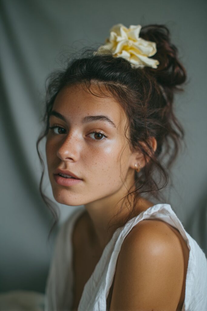 American woman with wavy hair in floral claw clip updo, summery style, soft natural lighting, gray backdrop.