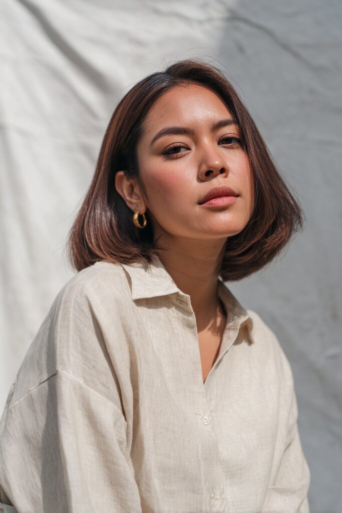 American woman with sleek French bob hairstyle wearing summer linen outfit, natural makeup, posed against white backdrop.