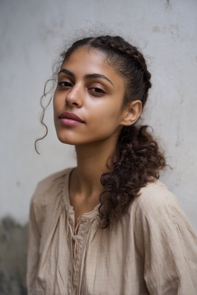 Young American woman with curly hair in French braided low ponytail, wearing relaxed cotton dress with minimal makeup against plaster.