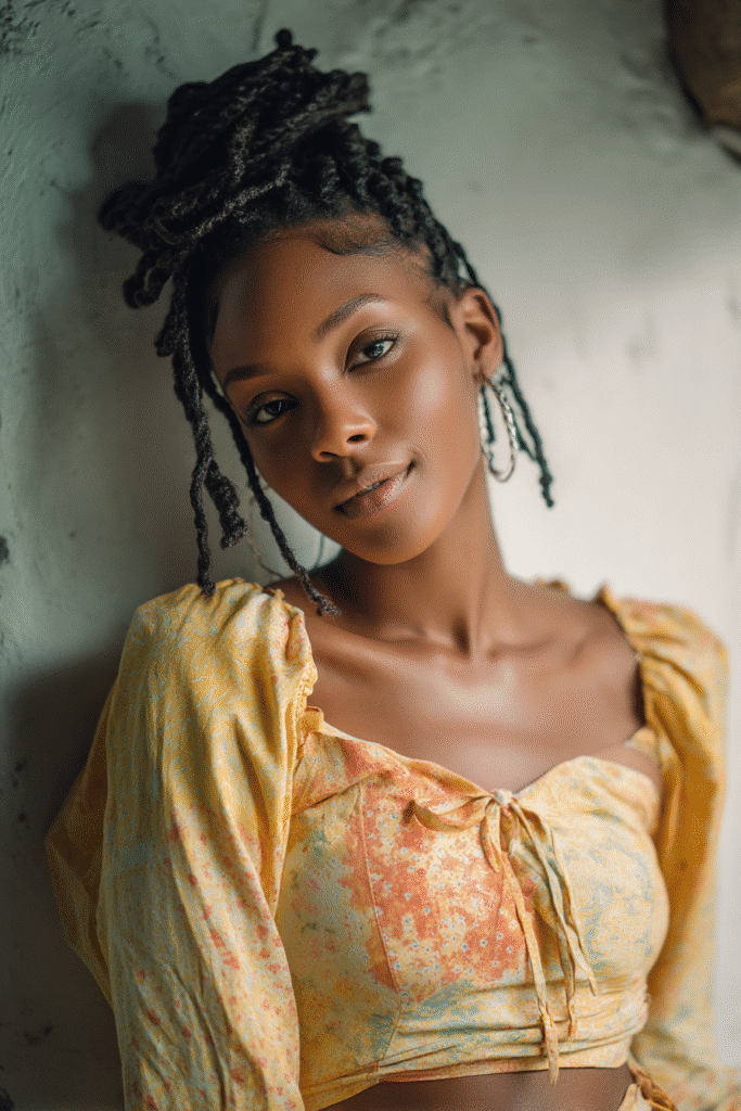 Portrait showcasing bold frohawk natural hairstyle with shaved sides, photographed in professional studio lighting.