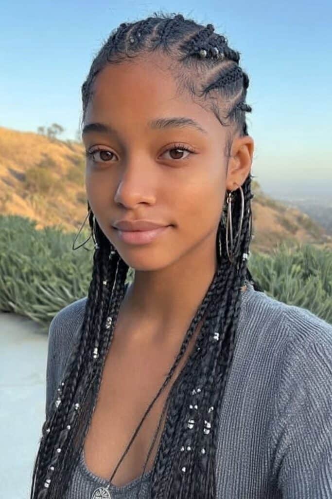 Traditional African braids characterized by thin cornrows at the front that transition into loose braids at the back, often decorated with beads, rings, or cowrie shells.
