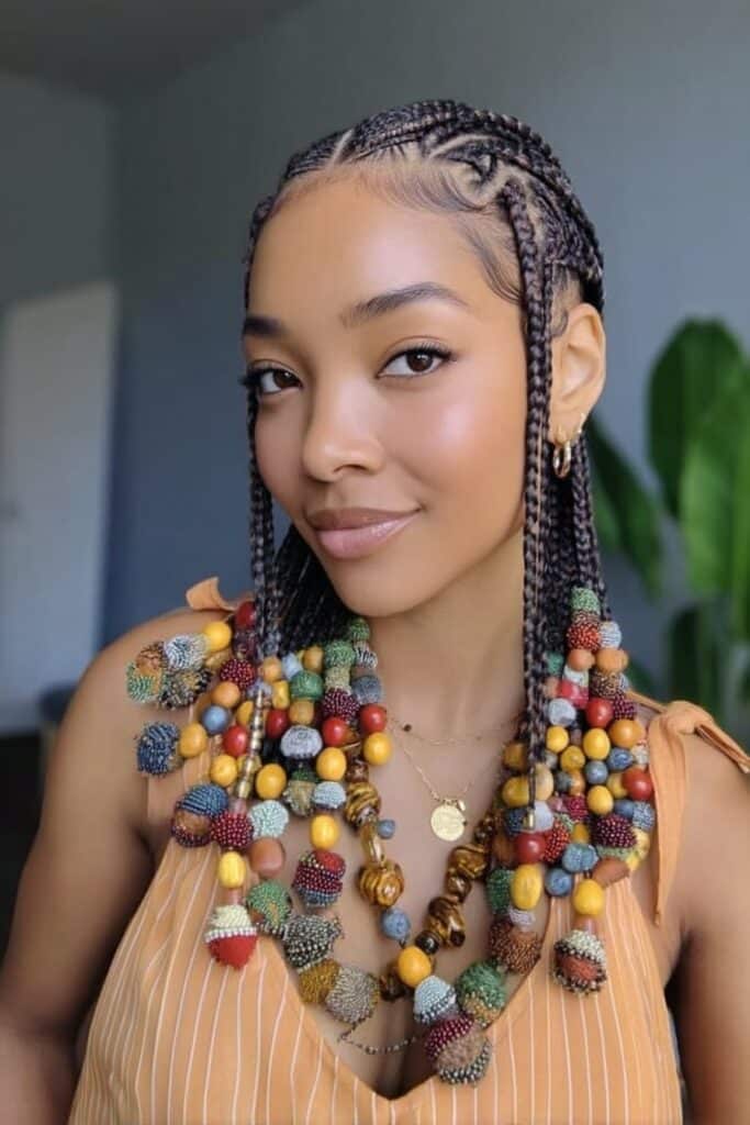 Traditional African braiding pattern with thin cornrows leading to loose braids, decorated with colorful beads and cowrie shells.