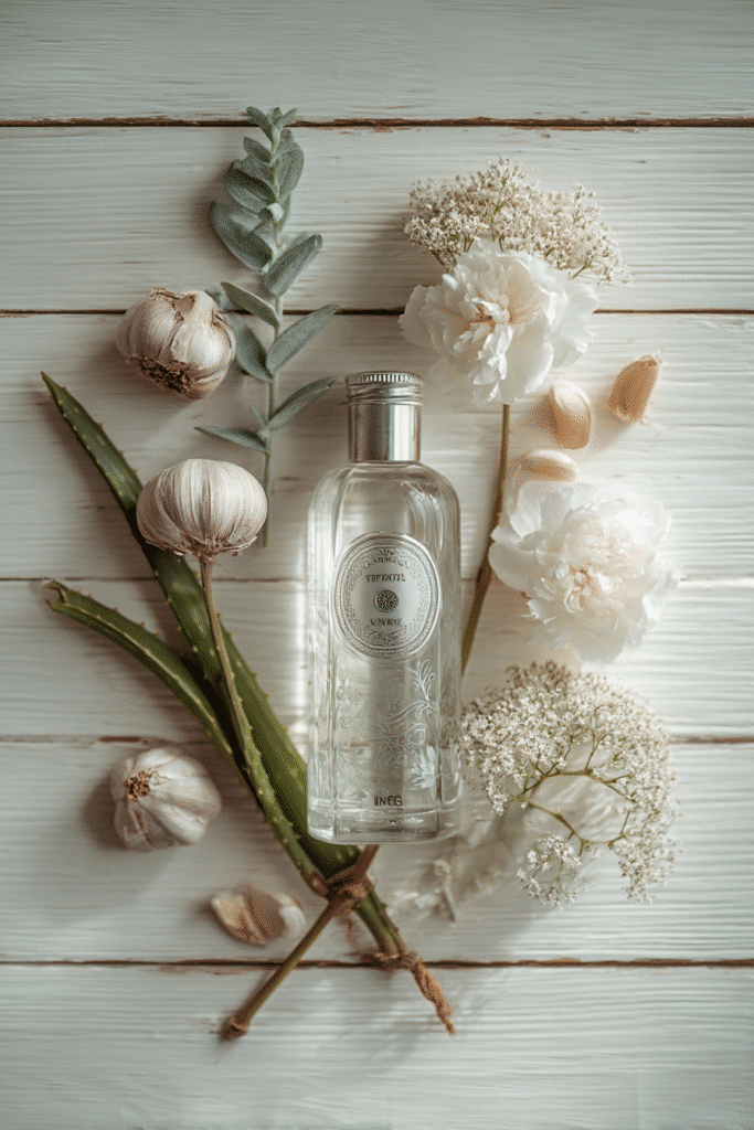 "Flat lay of a neutral glass bottle with floral design, surrounded by garlic cloves and aloe leaves on a white and wood background."