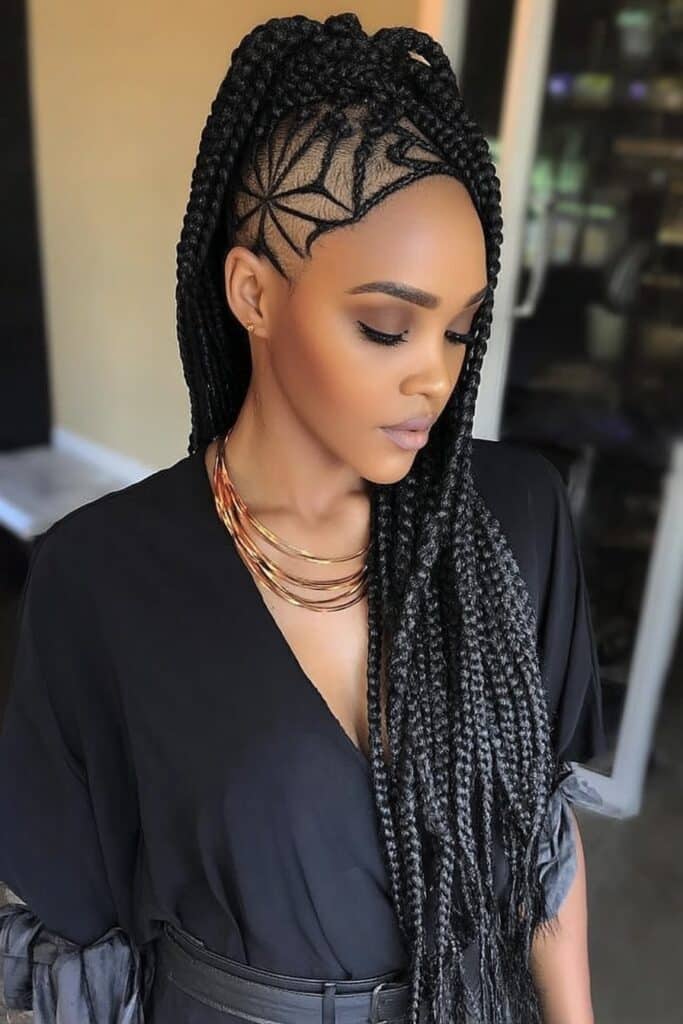 Square-sectioned protective braids arranged with precise geometric parting patterns, creating clean lines and structured visual appeal.