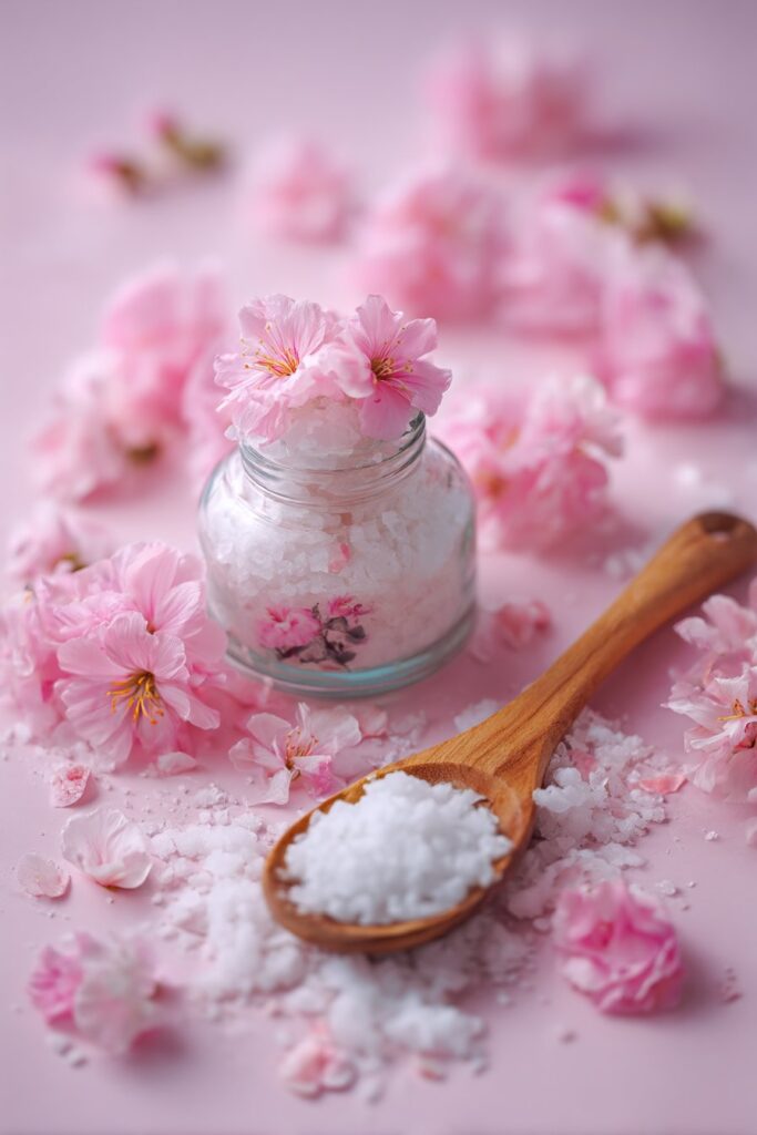 Clear jar with floral label containing exfoliating scrub, surrounded by geranium petals and baking soda on pastel pink and white background.