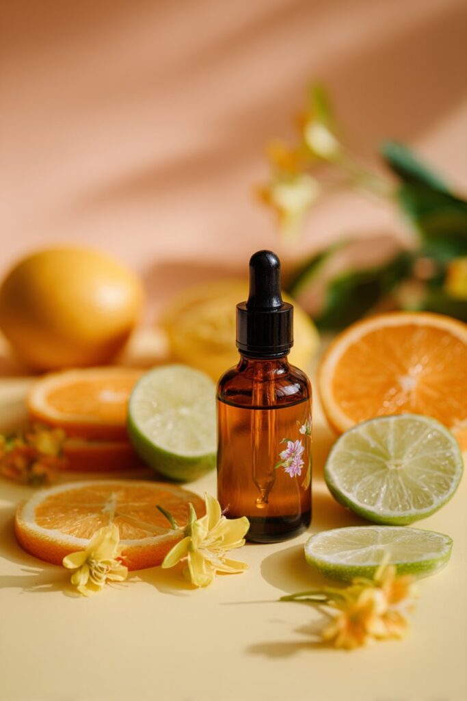 Professional flat lay of a clear dropper bottle with citrus serum, surrounded by orange slices, lime wedges and blossoms on yellow-peach background.