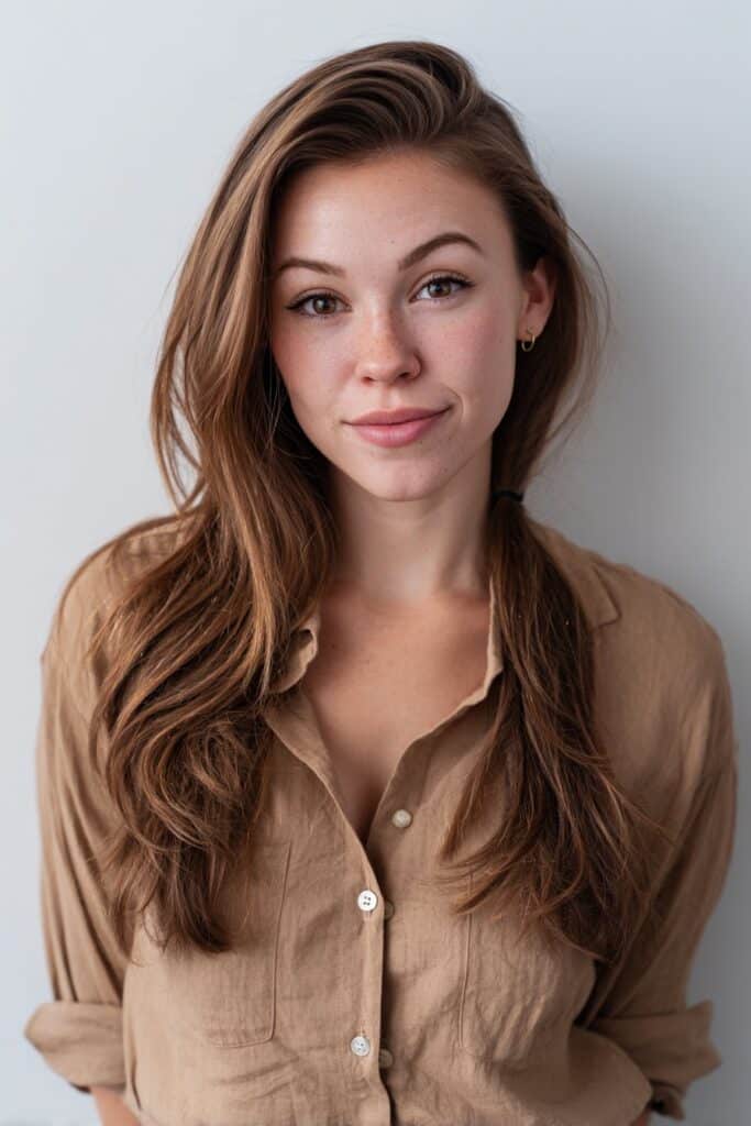 American woman with layered hair in low pigtails, casual summer outfit, friendly smile, posed against white backdrop.