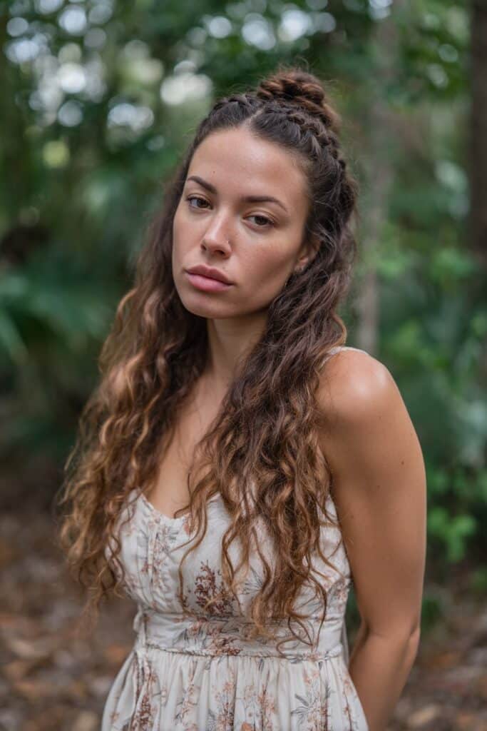 Young American woman with curly hair in half-up fishtail braid, wearing sleeveless summer dress in natural forest setting with sunlight.