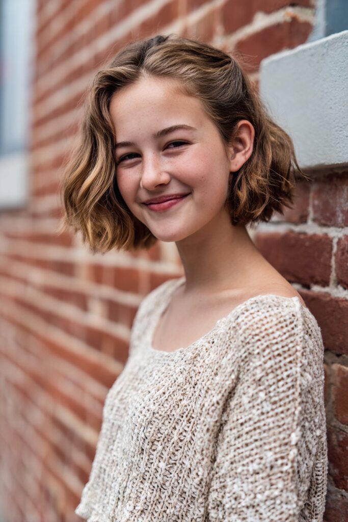 American woman with soft waves in casual half updo, feminine summer look, smiling against urban brick wall.