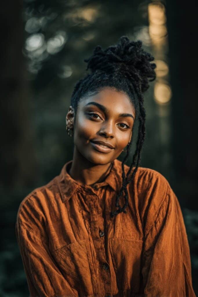 Beauty portrait featuring half-up, half-down natural hairstyle in forest setting, showcasing versatile styling.