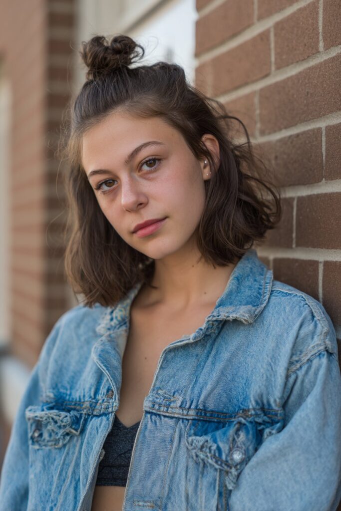 American woman with beach wave hair in casual half-up mini bun, flirty expression, crop top, brick wall.