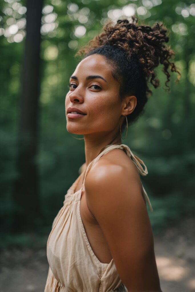 Young American woman with curly hair in half-updo with rope twists, wearing flowy sundress in natural forest background setting.