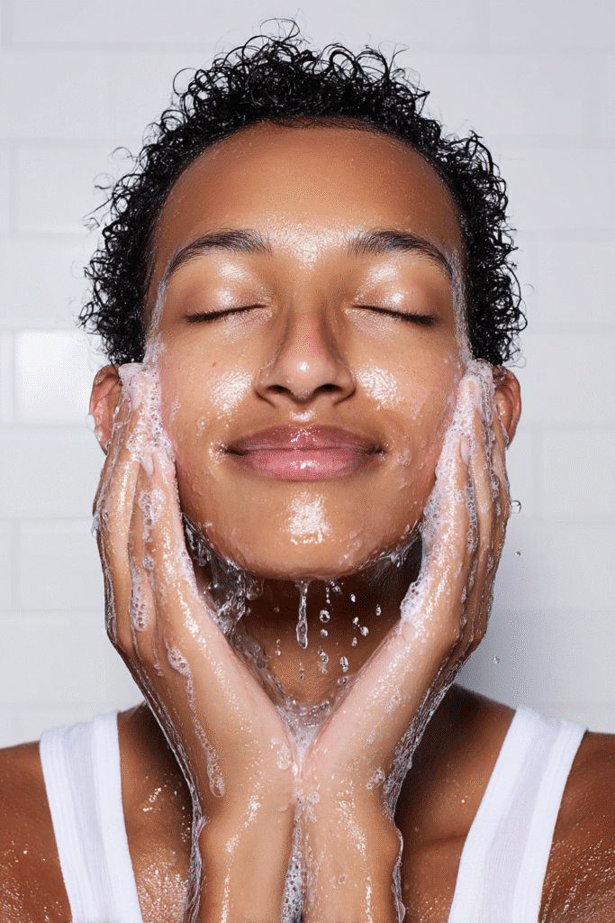 Woman with towel-wrapped hair applying facial moisturizer, looking in bathroom mirror with natural lighting.