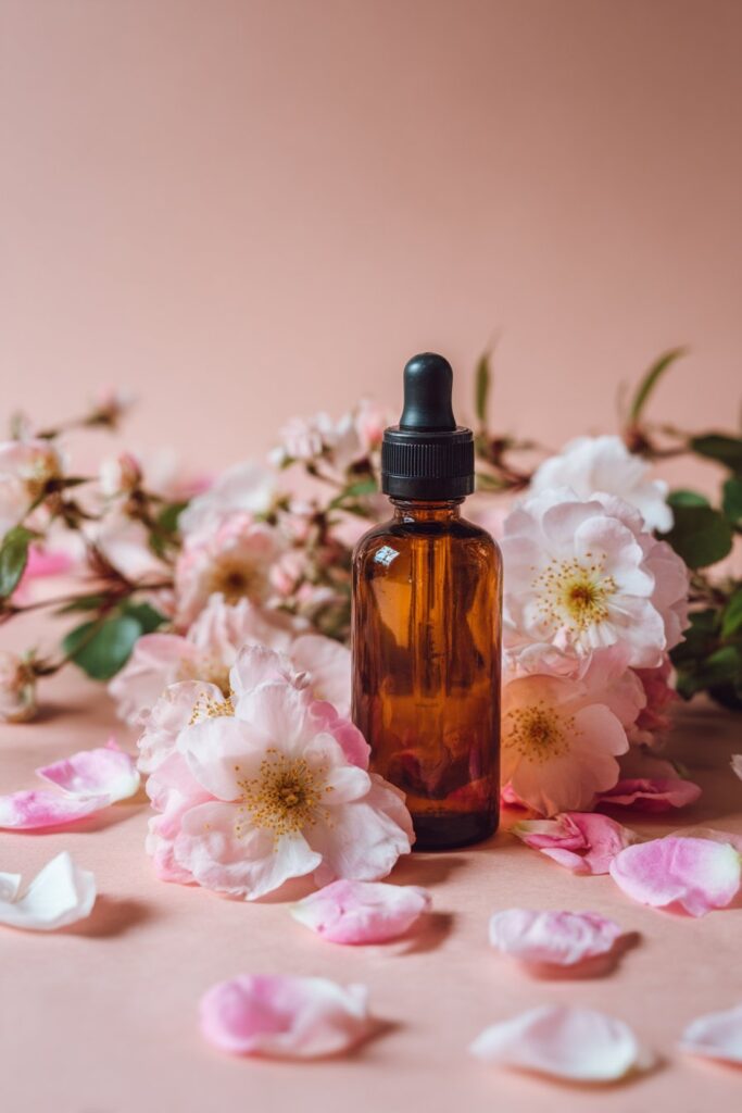 Clear dropper bottle with floral label containing glow elixir, surrounded by rose petals and helichrysum flowers on blush and ivory background.