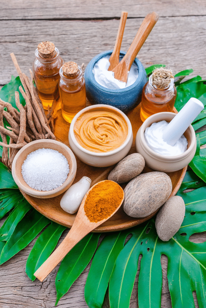 Natural skincare ingredients arranged on wooden tray: oils, creams, turmeric, salt, stones, and green leaves.