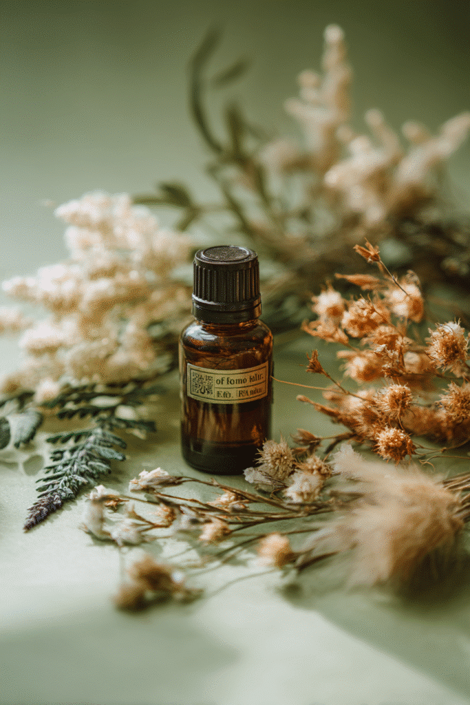 "Flat lay of essential oil vials with floral labels, dropper on inflamed skin sketch, surrounded by dried herbs on a green and ivory background."