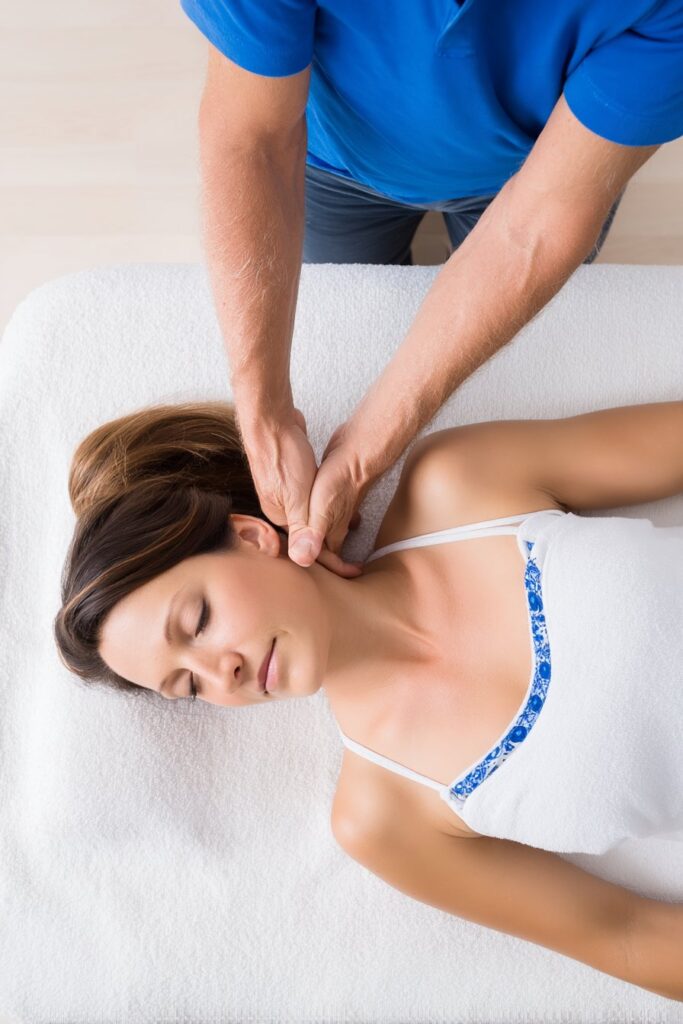 Educational illustration showing neural pathways and muscle relaxation during massage, with brain regions lighting up to show benefits.
