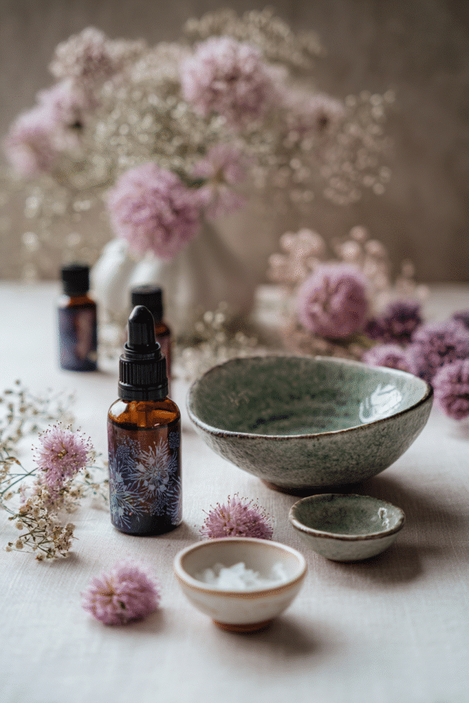 "Flat lay of essential oil roller bottles with floral labels, ceramic bowls, aloe gel, and pipettes on a white and herbal green background."