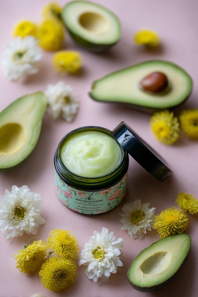 Light green jar with floral label containing hydrating mask, surrounded by avocado halves and yellow blooms on mint and ivory background.
