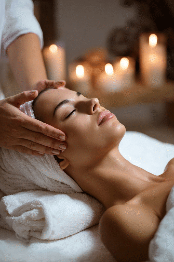 Person receiving relaxing massage with visual indicators of reduced anxiety, improved mood, and mental wellbeing benefits.