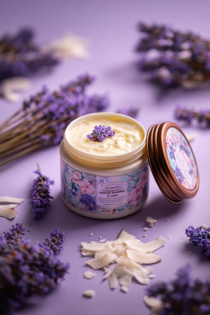 Soft cream jar containing overnight moisturizer, surrounded by lavender sprigs and coconut shavings on pastel violet and ivory background.