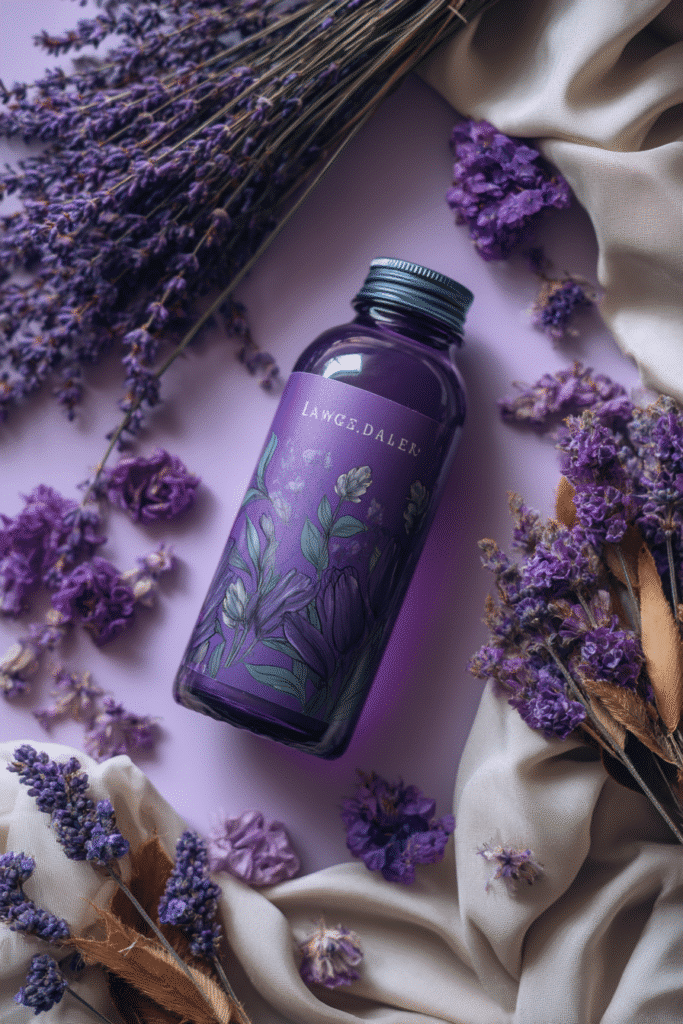 "Flat lay of a frosted violet bottle with lavender label, surrounded by lavender flowers and silk cloth on a lilac and ivory background."