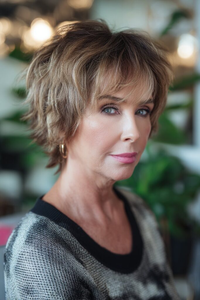 "Elegant beauty shot of mature woman with layered bob shag in natural indoor setting with greenery."
