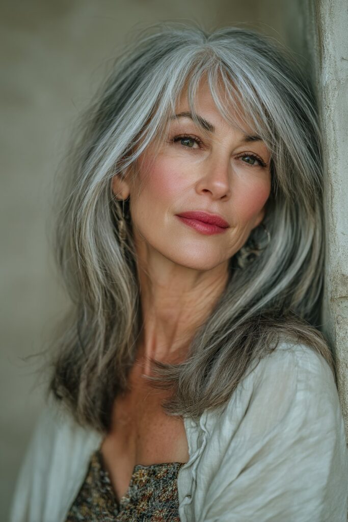"Elegant beauty shot of mature American woman with layered lob hairstyle against textured plaster backdrop in soft lighting."
