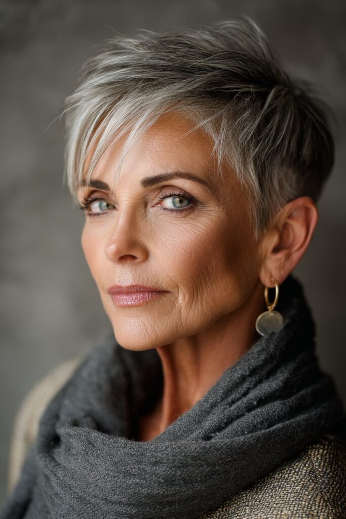Beauty portrait featuring woman over 50 with stylish layered pixie cut, showcasing low-maintenance short hairstyle against gray backdrop.