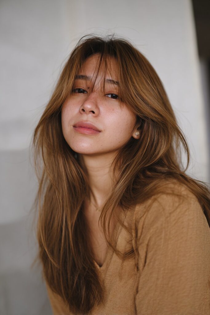 American woman with flowing long layers and soft layered side bangs, relaxed styling, cozy top against white backdrop.