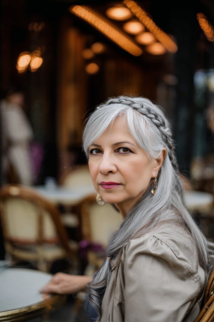 Style photo of woman over 50 with layered silver bob and braided details in outdoor café atmosphere.