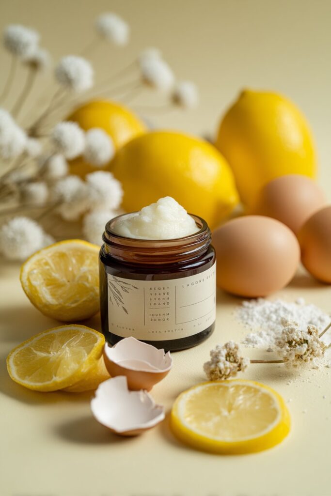 Translucent white jar containing brightening peel, surrounded by lemon slices and cracked egg shell on pale lemon and ivory background.