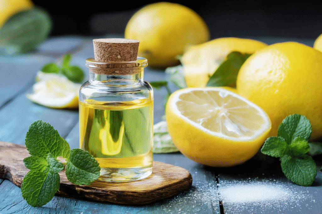 Bright bottle of lemon essential oil with fresh lemon slices and zest, known for cleansing digestive properties.