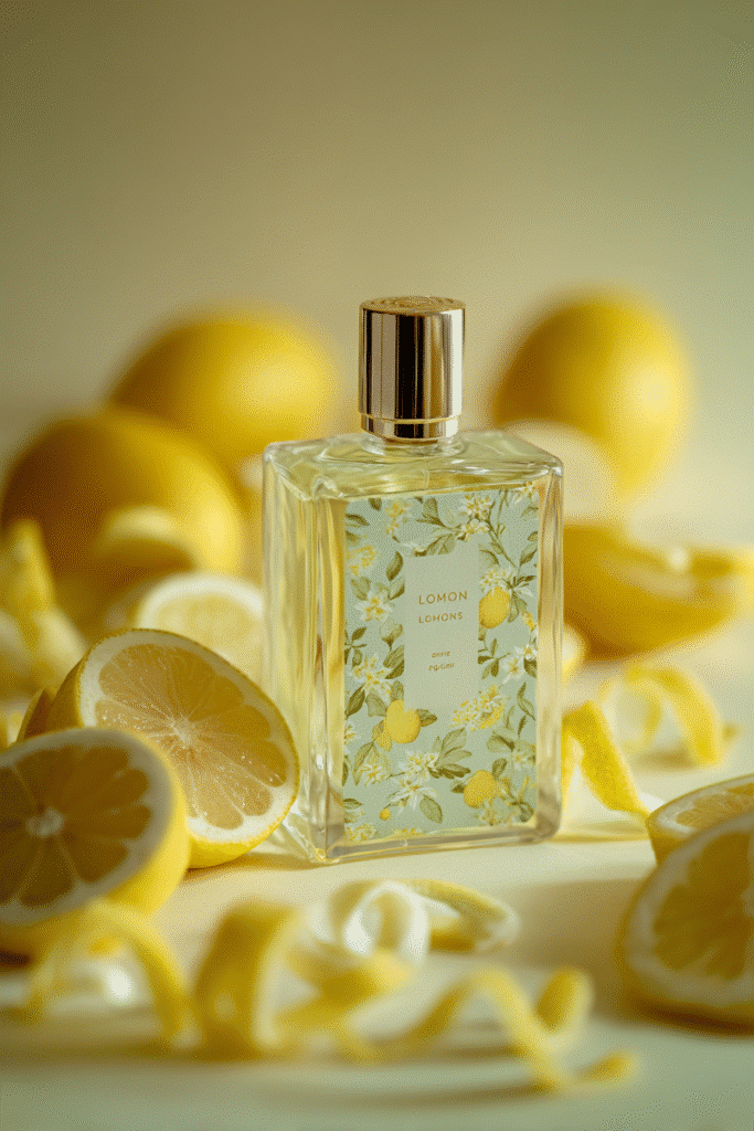 "Flat lay of a clear bottle with lemon blossom label, surrounded by lemon slices and zest on a pale yellow and cream background."