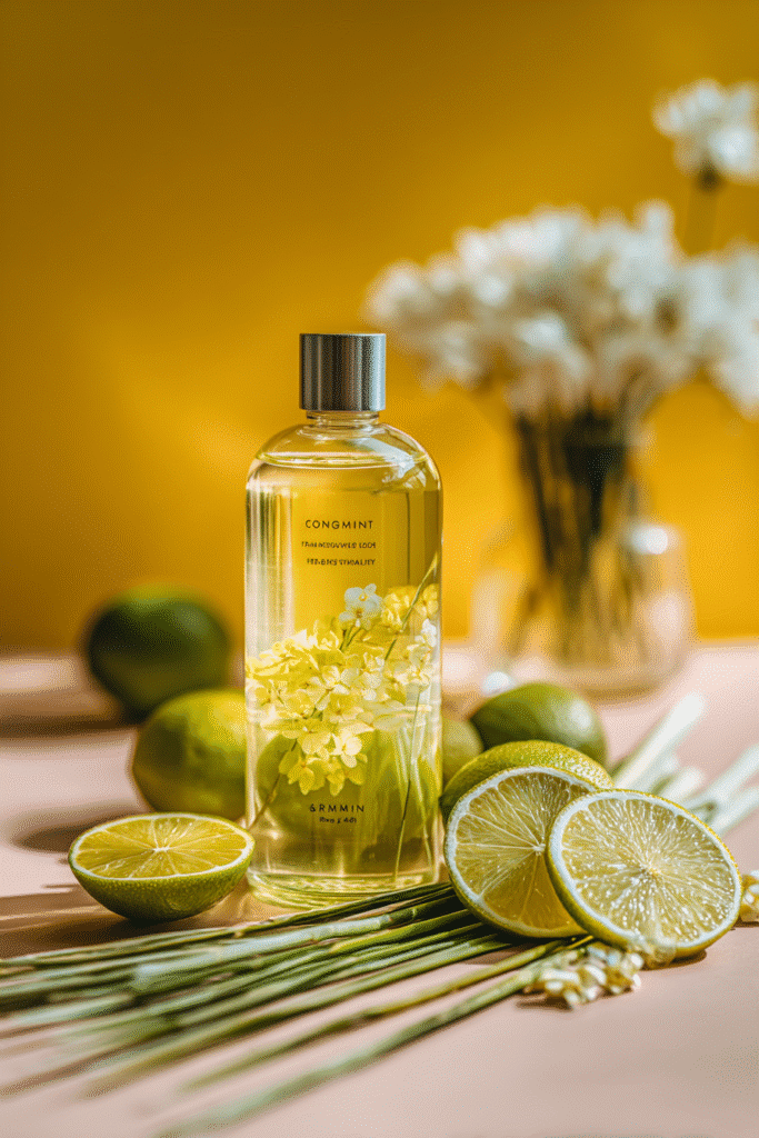 "Flat lay of a yellow-tinted glass bottle with citrus label, surrounded by lemongrass and lime slices on a pale yellow background."