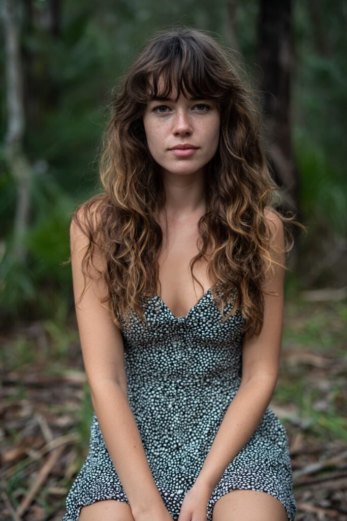 American woman with bouncy long curls, layered curly bangs, natural glow, minimalist dress styling photographed against natural forest background setting.