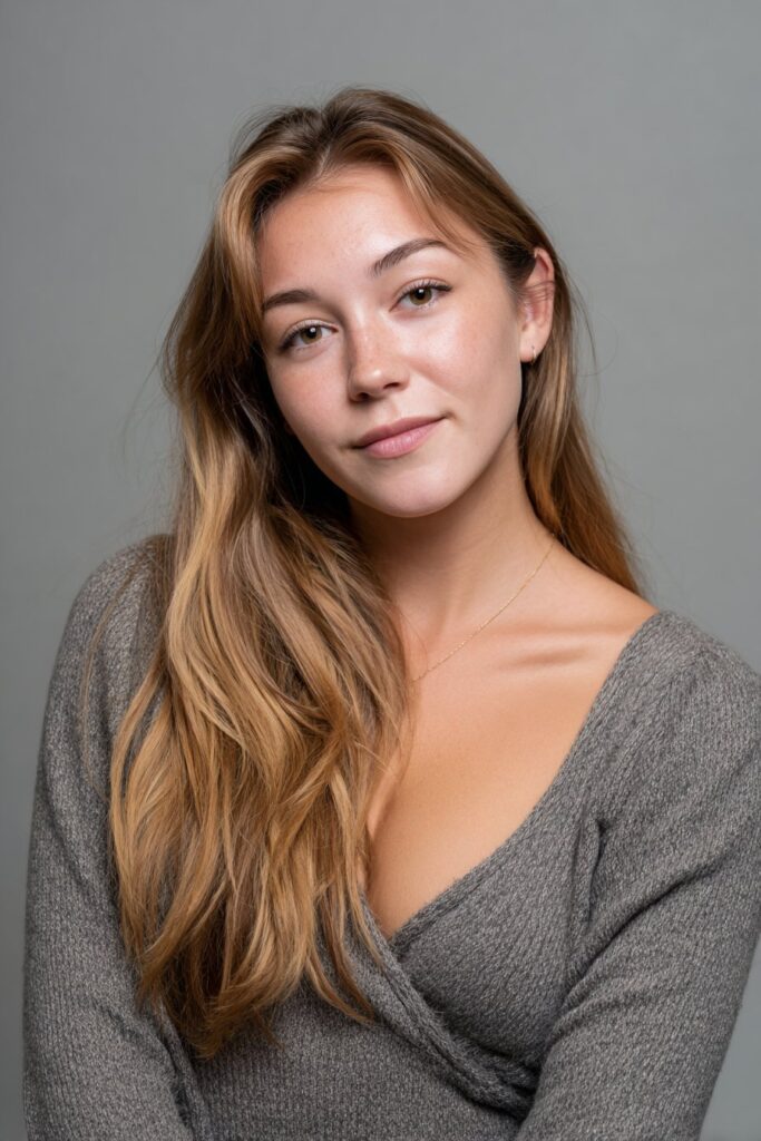 American woman with front-facing long layered hair and soft fringe, elegant minimal makeup, natural smile against gray backdrop.