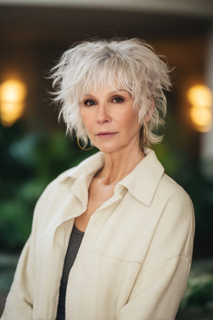 "Natural beauty photo of 50+ woman with low-maintenance shag for fine hair in greenery-filled setting."