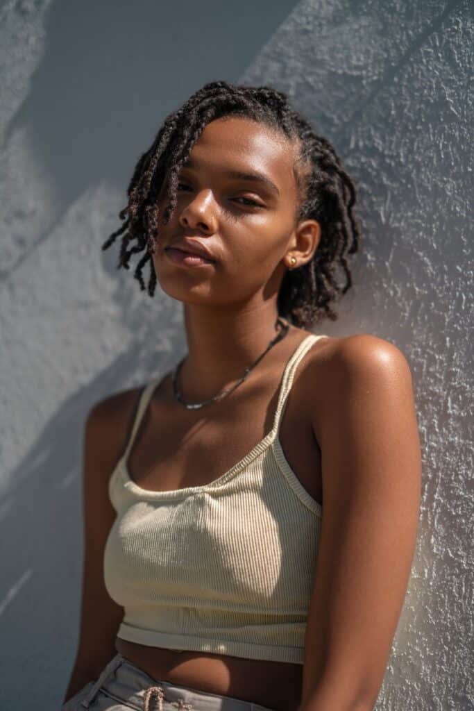 American woman with beachy waves and side-part braids, glowing skin, trendy crop top against textured plaster backdrop.