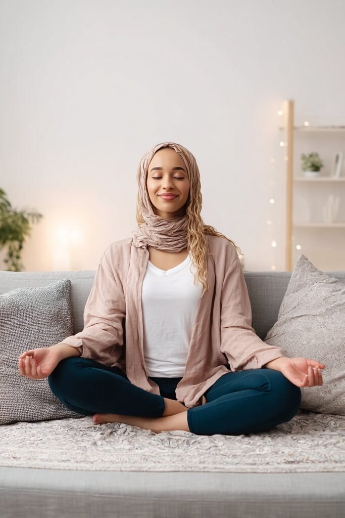 Person practicing gentle bedtime meditation or breathing exercise, reducing stress for better sleep quality.