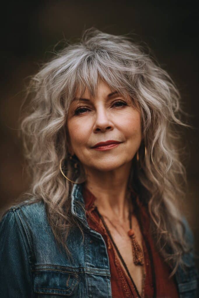 "Natural forest beauty portrait of confident mature woman with messy shag and soft fringe in stylish outfit."