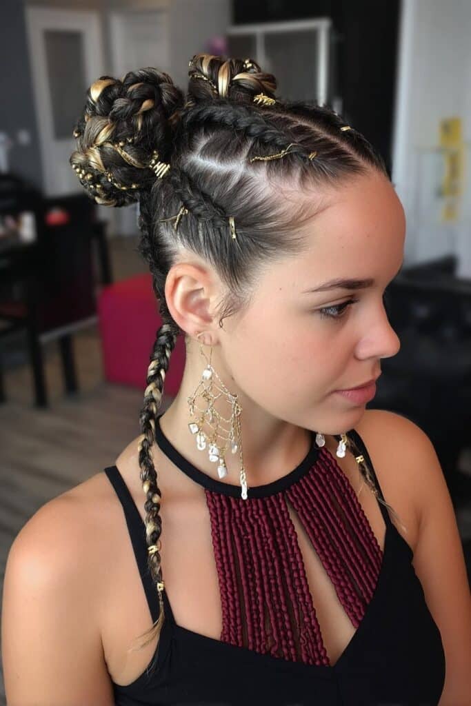 Multiple small braids gathered and twisted into cute, compact buns positioned across the head, creating a playful and textured updo.