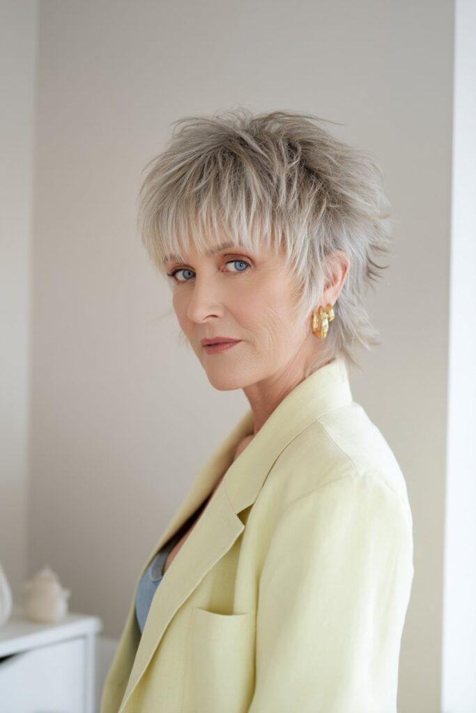 "Professional studio portrait of confident mature woman with modern mullet shag against clean white background."