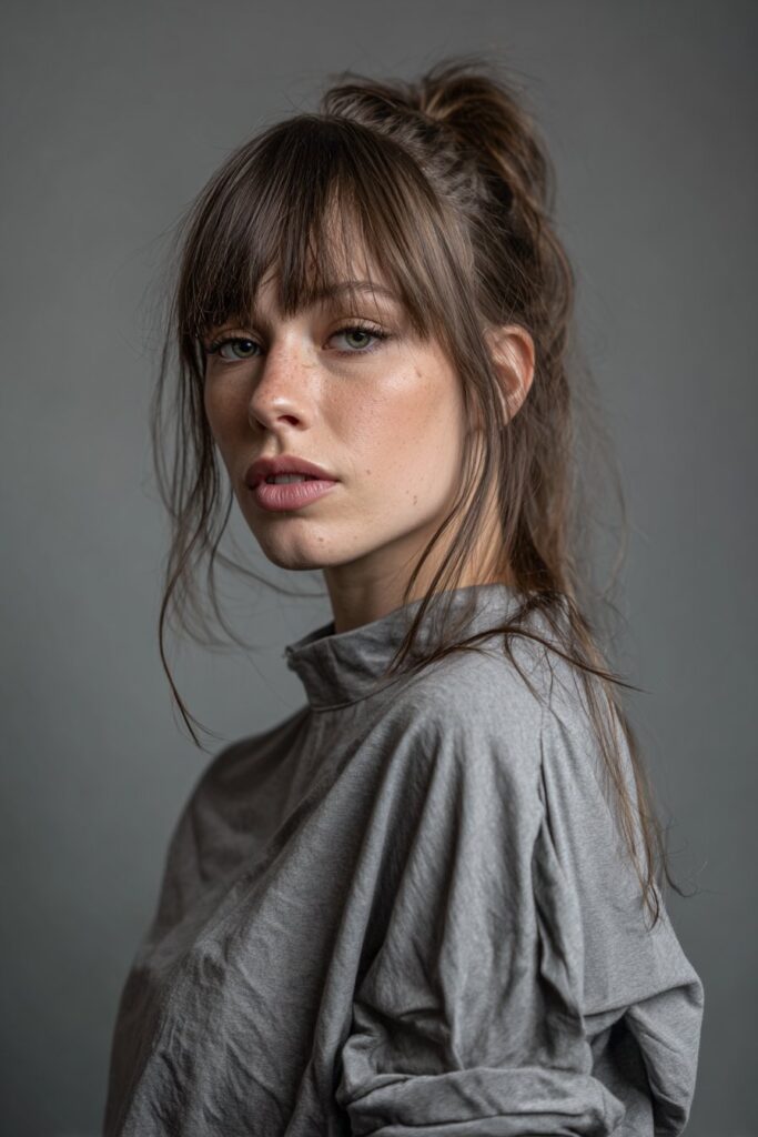 American woman with long modern shag haircut and tousled bangs, bold fashion style, confident expression against soft gray backdrop.